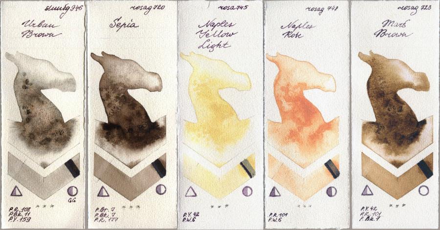 Shminke Horadam Aquarell 946 Urban Brown vs Rosa Gallery 720 Sepia vs 745 Naples Yellow Light vs 748 Naples Rose vs 723 Mars Brown watercolor swatch
