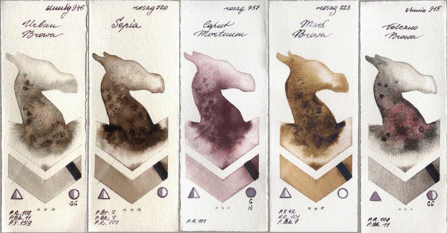 Shminke Horadam Aquarell 946 Urban Brown vs Rosa Gallery 720 Sepia vs 758 Caput Mortuum vs 723 Mars Brown vs 915 Volcano Brown watercolor swatch