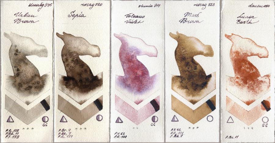 Shminke Horadam Aquarell 946 Urban Brown vs Rosa Gallery 720 Sepia vs 914 Volcano Violet vs 723 Mars Brown vs Daniel Smith 050 Lunar Earth watercolor swatch