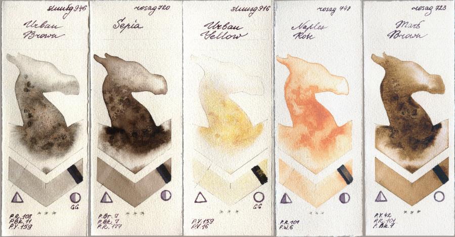 Shminke Horadam Aquarell 946 Urban Brown vs Rosa Gallery 720 Sepia vs 916 Urban Yellow vs 748 Naples Rose vs 723 Mars Brown watercolor swatch