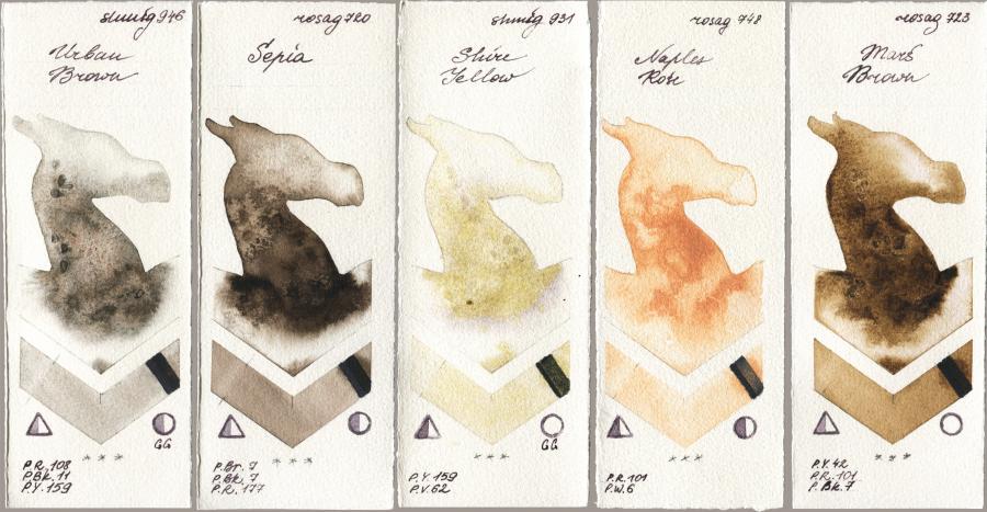 Shminke Horadam Aquarell 946 Urban Brown vs Rosa Gallery 720 Sepia vs 931 Shire Yellow vs 748 Naples Rose vs 723 Mars Brown watercolor swatch