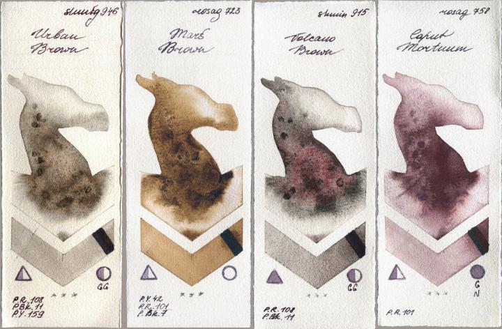 Shminke Horadam Aquarell 946 Urban Brown vs Rosa Gallery 723 Mars Brown vs 915 Volcano Brown vs 758 Caput Mortuum watercolor swatch