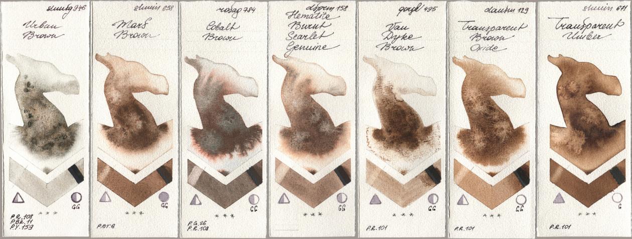 Shminke Horadam Aquarell 946 Urban Brown, 658 Mars Brown, Rosa Gallery 784 Cobalt Brown, Daniel Smith 158 Hematite Burnt Scarlet Genuine, Golden QOR 495 Van Dyke Brown, 129 Transparent Brown Oxide, 671 Transparent Umb watercolor swatch