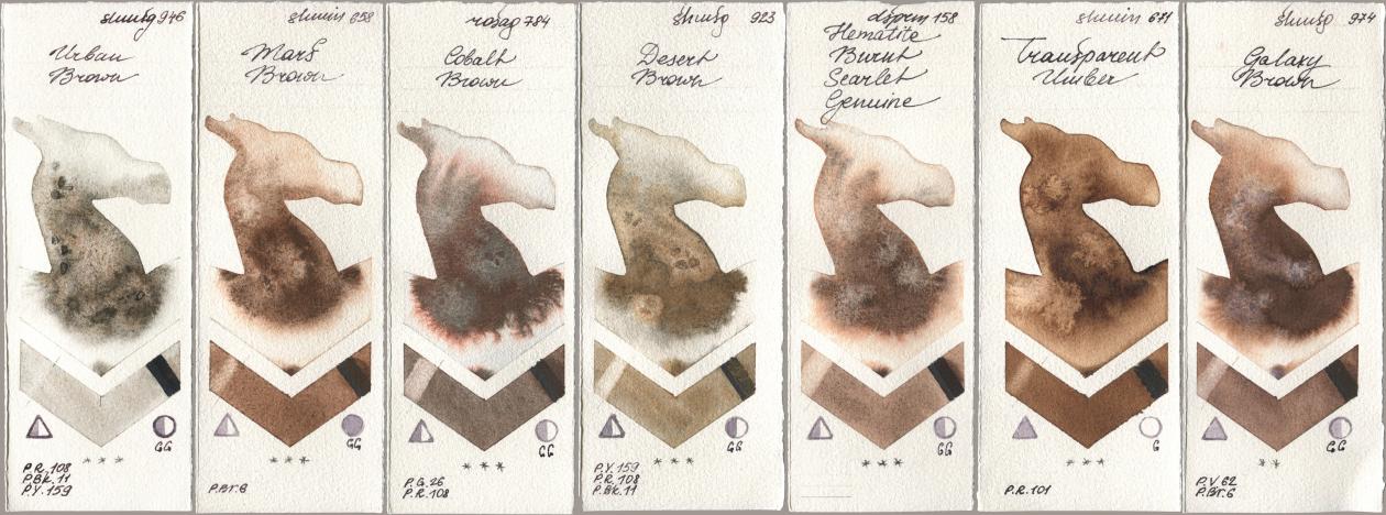 Shminke Horadam Aquarell 946 Urban Brown, 658 Mars Brown, Rosa Gallery 784 Cobalt Brown, 923 Desert Brown, Daniel Smith 158 Hematite Burnt Scarlet Genuine, 671 Transparent Umber, 974 Galaxy Bro watercolor swatch