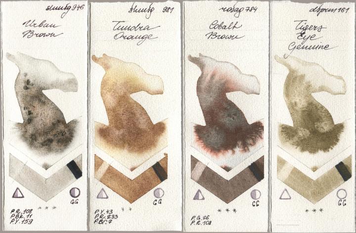 Shminke Horadam Aquarell 946 Urban Brown, 981 Tundra Orange, Rosa Gallery 784 Cobalt Brown, Daniel Smith 161 Tigers Eye Genui watercolor swatch