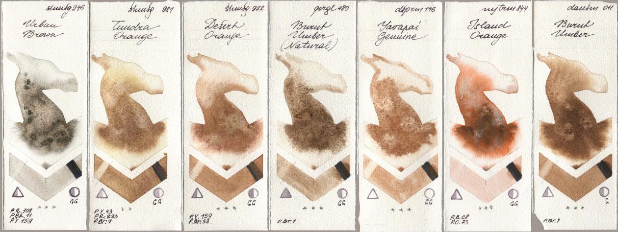 Shminke Horadam Aquarell 946 Urban Brown, 981 Tundra Orange, 922 Desert Orange, Golden QOR 480 Burnt Umber (Natural), Daniel Smith 146 Yavapai Genuine, Mijello Mission Gold 844 Island Orange, 011 Burnt Umb watercolor swatch