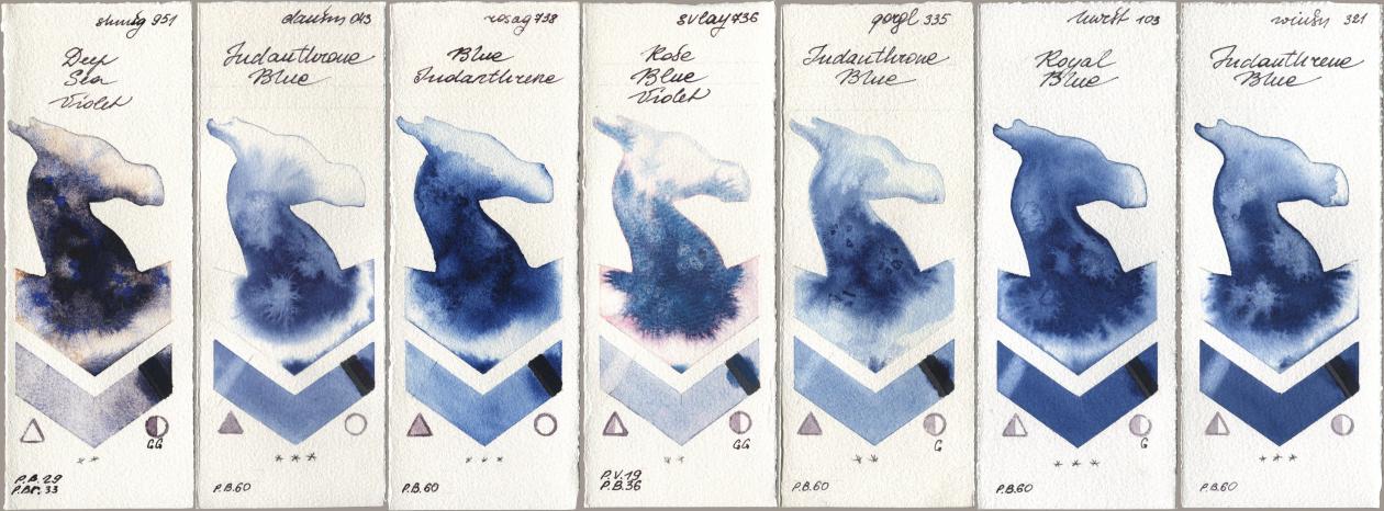 Shminke Horadam Aquarell 951 Deep Sea Violet, Daniel Smith 043 Indanthrone Blue, Rosa Gallery 738 Blue Indanthrene, SuperVision 736 Rose Blue Violet, Golden QOR 335 Indanthrone Blue, Holbein Artists Watercolor 103 Royal Blue, Winsor & Newton Professional 321 Indanthrene Bl watercolor swatch