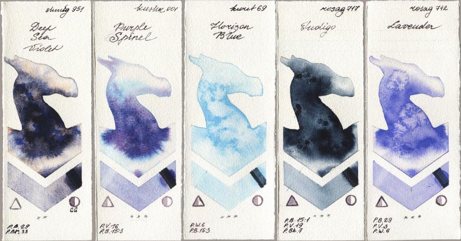 Shminke Horadam Aquarell 951 Deep Sea Violet vs Kusakabe 001 Purple Spinel vs Kuretake Gansai Tambi 069 Horizon Blue vs Rosa Gallery 717 Indigo vs 742 Lavender watercolor swatch