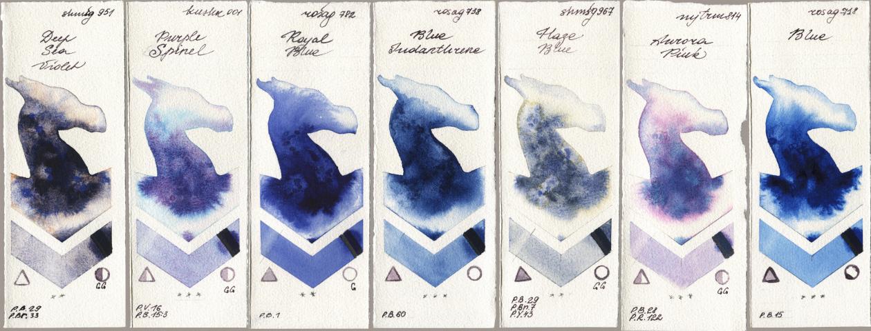 Shminke Horadam Aquarell 951 Deep Sea Violet, Kusakabe 001 Purple Spinel, Rosa Gallery 782 Royal Blue, 738 Blue Indanthrene, 967 Haze Blue, Mijello Mission Gold 814 Aurora Pink, 718 Bl watercolor swatch