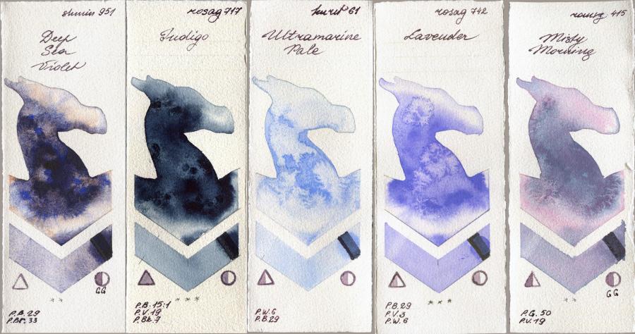 Shminke Horadam Aquarell 951 Deep Sea Violet vs Rosa Gallery 717 Indigo vs Kuretake Gansai Tambi 61 Ultramatire Pale vs 742 Lavender vs Roman Szmal Aquarius 415 Misty Morning watercolor swatch