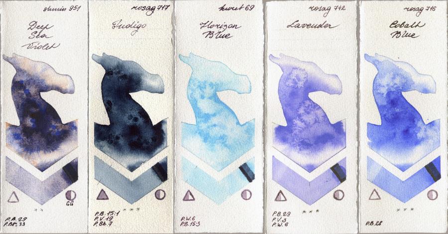 Shminke Horadam Aquarell 951 Deep Sea Violet vs Rosa Gallery 717 Indigo vs Kuretake Gansai Tambi 69 Horizon Blue vs 742 Lavender vs 716 Cobalt Blue watercolor swatch