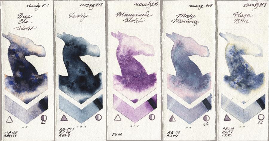Shminke Horadam Aquarell 951 Deep Sea Violet vs Rosa Gallery 717 Indigo vs Roman Szmal Aquarius 216 Manganese Violet vs 415 Misty Morning vs 967 Haze Blue watercolor swatch