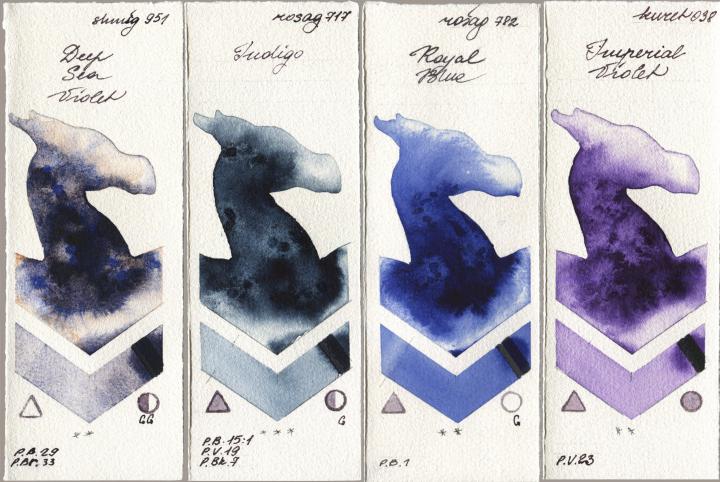 Shminke Horadam Aquarell 951 Deep Sea Violet, Rosa Gallery 717 Indigo, 782 Royal Blue, Kuretake Gansai Tambi 038 Imperial Viol watercolor swatch