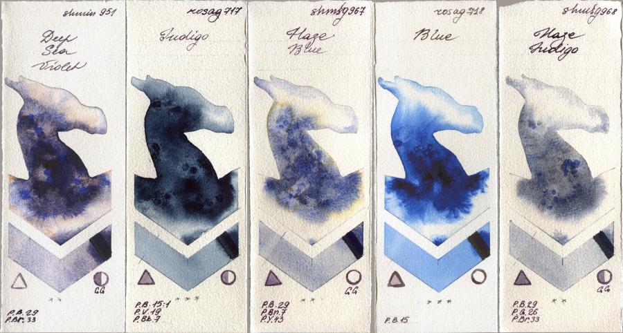 Shminke Horadam Aquarell 951 Deep Sea Violet vs Rosa Gallery 717 Indigo vs 967 Haze Blue vs 718 Blue vs 968 Haze Indigo watercolor swatch