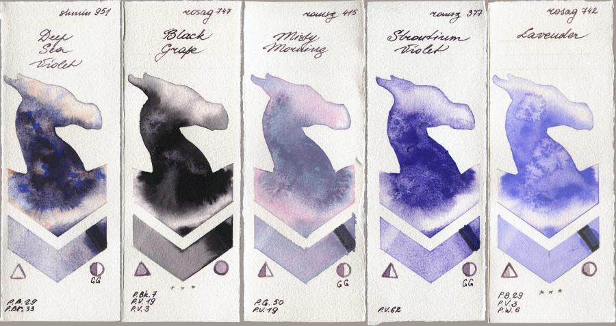 Shminke Horadam Aquarell 951 Deep Sea Violet vs Rosa Gallery 747 Black Grape vs Roman Szmal Aquarius 415 Misty Morning vs 377 Strontium Violet vs 742 Lavender watercolor swatch