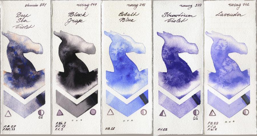 Shminke Horadam Aquarell 951 Deep Sea Violet vs Rosa Gallery 747 Black Grape vs 716 Cobalt Blue vs Roman Szmal Aquarius 377 Strontium Violet vs 742 Lavender watercolor swatch