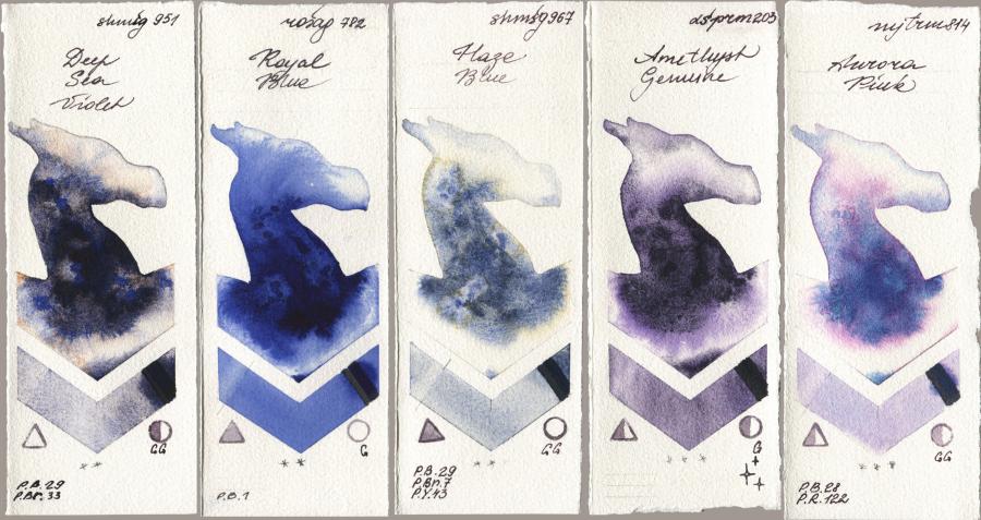 Shminke Horadam Aquarell 951 Deep Sea Violet, Rosa Gallery 782 Royal Blue, 967 Haze Blue, Daniel Smith 203 Amethyst Genuine, Mijello Mission Gold 814 Aurora Pi watercolor swatch