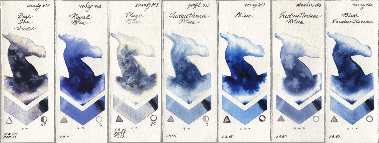 Shminke Horadam Aquarell 951 Deep Sea Violet, Rosa Gallery 782 Royal Blue, 967 Haze Blue, Golden QOR 335 Indanthrone Blue, 718 Blue, Daniel Smith 043 Indanthrone Blue, 738 Blue Indanthre watercolor swatch