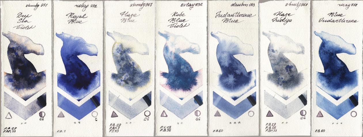 Shminke Horadam Aquarell 951 Deep Sea Violet, Rosa Gallery 782 Royal Blue, 967 Haze Blue, SuperVision 736 Rose Blue Violet, Daniel Smith 043 Indanthrone Blue, 968 Haze Indigo, 738 Blue Indanthre watercolor swatch