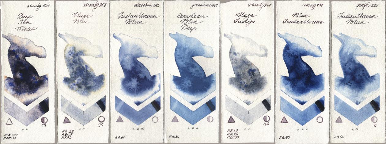 Shminke Horadam Aquarell 951 Deep Sea Violet, 967 Haze Blue, Daniel Smith 043 Indanthrone Blue, M. Graham & Co. Artists 081 Cerulean Blue Deep, 968 Haze Indigo, Rosa Gallery 738 Blue Indanthrene, Golden QOR 335 Indanthrone Bl watercolor swatch
