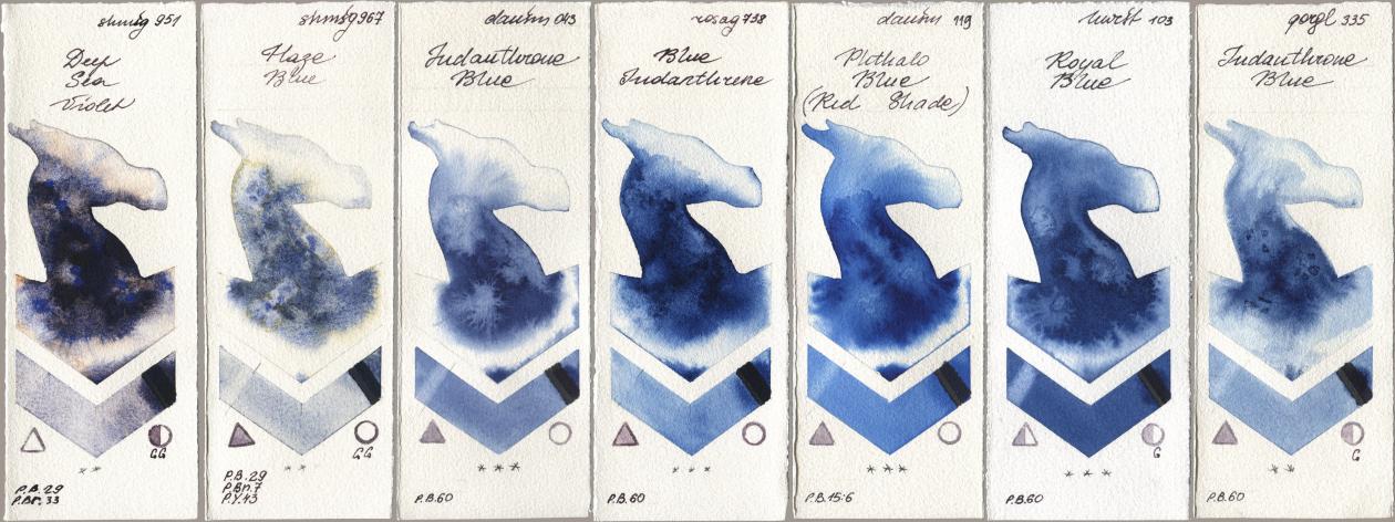 Shminke Horadam Aquarell 951 Deep Sea Violet, 967 Haze Blue, Daniel Smith 043 Indanthrone Blue, Rosa Gallery 738 Blue Indanthrene, 119 Phthalo Blue (Red Shade), Holbein Artists Watercolor 103 Royal Blue, Golden QOR 335 Indanthrone Bl watercolor swatch