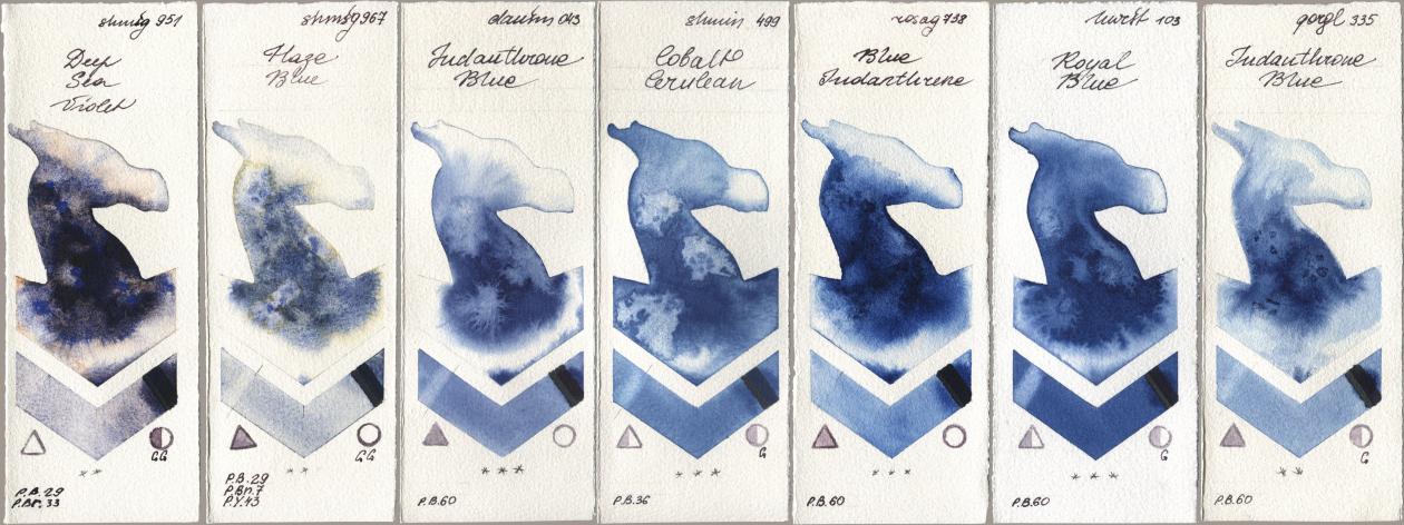 Shminke Horadam Aquarell 951 Deep Sea Violet, 967 Haze Blue, Daniel Smith 043 Indanthrone Blue, 499 Cobalt Cerulean, Rosa Gallery 738 Blue Indanthrene, Holbein Artists Watercolor 103 Royal Blue, Golden QOR 335 Indanthrone Bl watercolor swatch