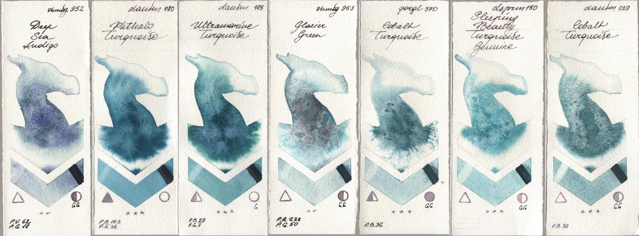 Shminke Horadam Aquarell 952 Deep Sea Indigo, Daniel Smith 080 Phthalo Turquoise, 105 Ultramarine Turquoise, 963 Glacier Green, Golden QOR 370 Cobalt Turquoise, 150 Sleeping Beauty Turquoise Genuine, 029 Cobalt Turquoi watercolor swatch