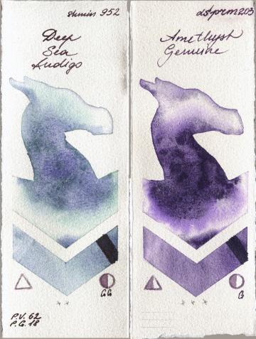 Shminke Horadam Aquarell 952 Deep Sea Indigo vs Daniel Smith 203 Amethyst Genuine watercolor swatch