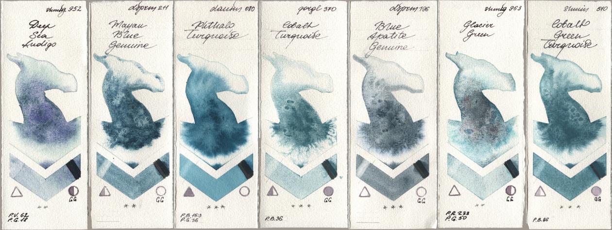 Shminke Horadam Aquarell 952 Deep Sea Indigo, Daniel Smith 211 Mayan Blue Genuine, 080 Phthalo Turquoise, Golden QOR 370 Cobalt Turquoise, 196 Blue Apatite Genuine, 963 Glacier Green, 510 Cobalt Green Turquoi watercolor swatch