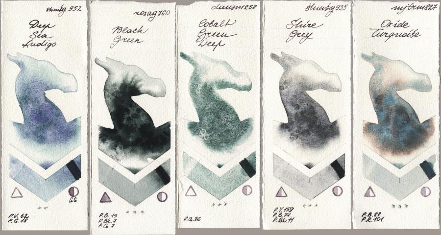 Shminke Horadam Aquarell 952 Deep Sea Indigo vs Rosa Gallery 760 Black Green vs Daniel Smith 258 Cobalt Green Deep vs 935 Shire Grey vs Mijello Mission Gold 827 Oxide Turquoise watercolor swatch