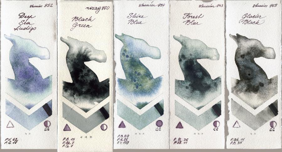 Shminke Horadam Aquarell 952 Deep Sea Indigo vs Rosa Gallery 760 Black Green vs 934 Shire Blue vs 943 Forest Blue vs 965 Glacier Black watercolor swatch