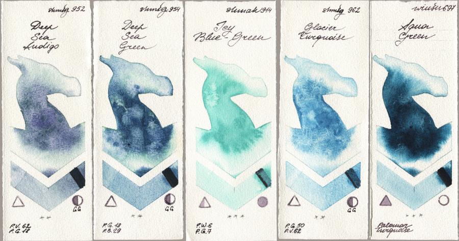 Shminke Horadam Aquarell 952 Deep Sea Indigo vs 954 Deep Sea Green vs Shminke Akademie Aquarell 914 Icy Blue-Green vs 962 Glacier Turquoise vs Winsor & Newton Professional 697 Aqua Green watercolor swatch