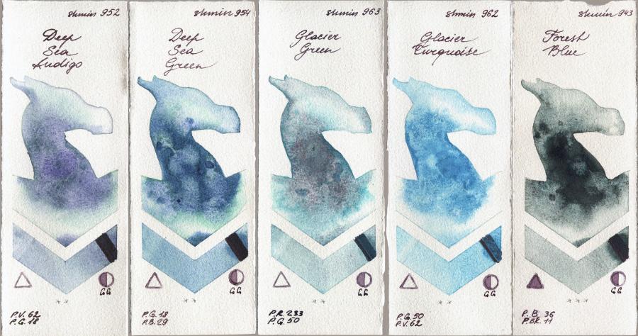 Shminke Horadam Aquarell 952 Deep Sea Indigo vs 954 Deep Sea Green vs 963 Glacier Green vs 962 Glacier Turquoise vs 943 Forest Blue watercolor swatch