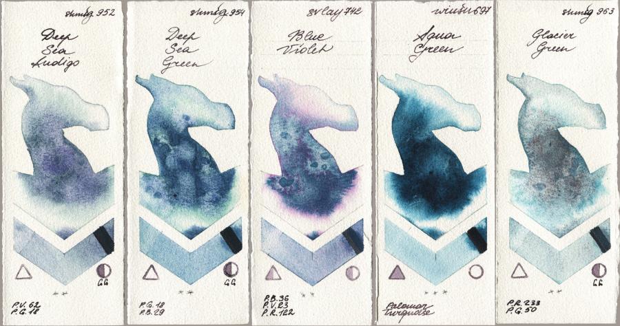 Shminke Horadam Aquarell 952 Deep Sea Indigo vs 954 Deep Sea Green vs SuperVision 742 Blue Violet vs Winsor & Newton Professional 697 Aqua Green vs 963 Glacier Green watercolor swatch
