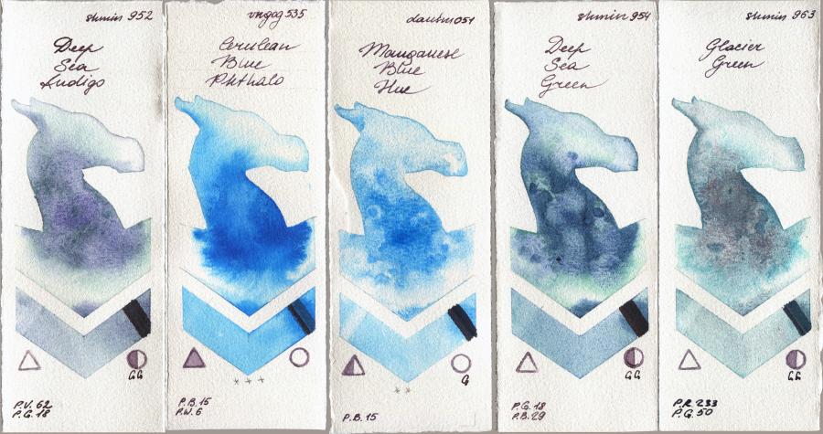 Shminke Horadam Aquarell 952 Deep Sea Indigo vs Van Gogh Watercolour 535 Cerulean Blue Phthalo vs Daniel Smith 051 Manganese Blue Hue vs 954 Deep Sea Green vs 963 Glacier Green watercolor swatch
