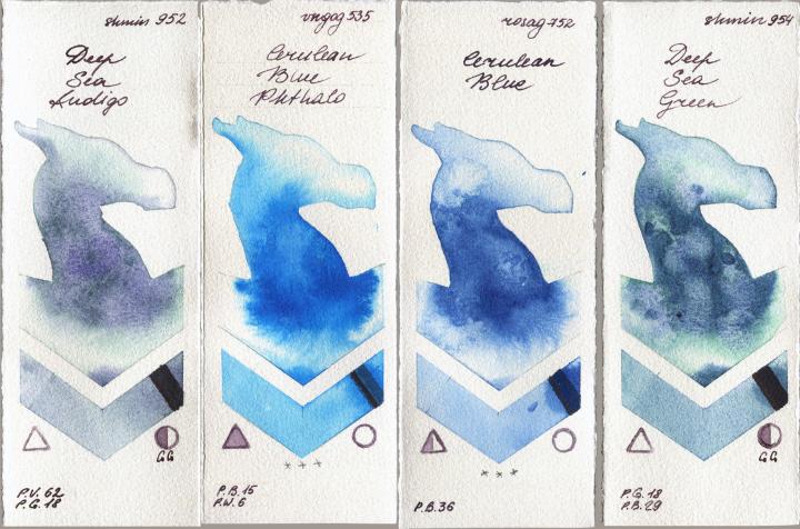 Shminke Horadam Aquarell 952 Deep Sea Indigo vs Van Gogh Watercolour 535 Cerulean Blue Phthalo vs Rosa Gallery 752 Cerulean Blue vs 954 Deep Sea Green watercolor swatch