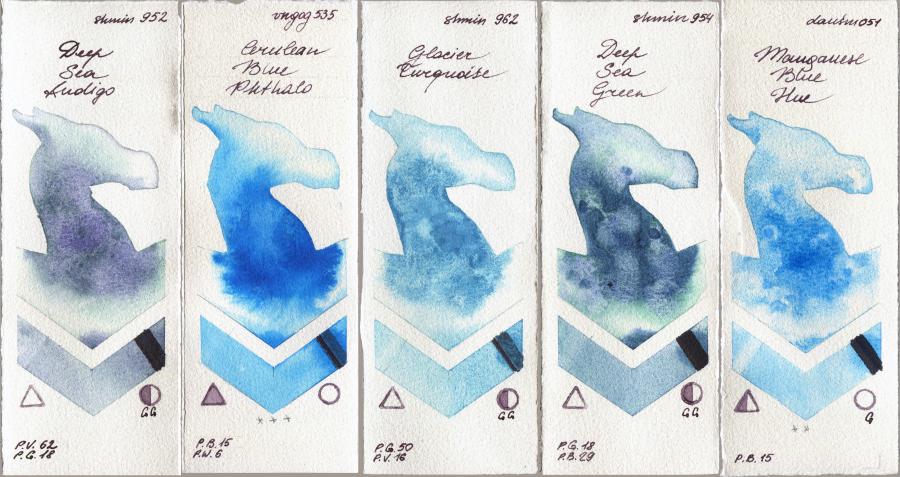 Shminke Horadam Aquarell 952 Deep Sea Indigo vs Van Gogh Watercolour 535 Cerulean Blue Phthalo vs 962 Glacier Turquoise vs 954 Deep Sea Green vs Daniel Smith 051 Manganese Blue Hue watercolor swatch