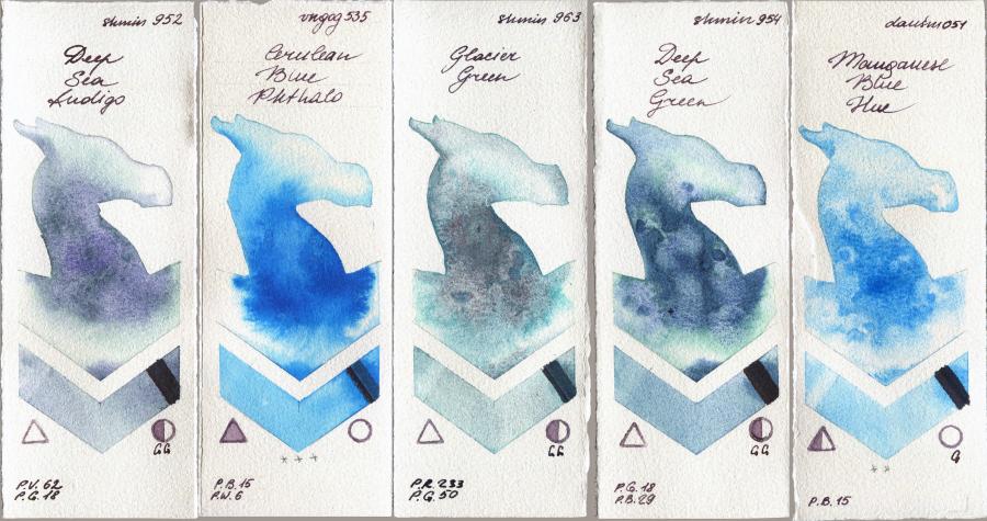 Shminke Horadam Aquarell 952 Deep Sea Indigo vs Van Gogh Watercolour 535 Cerulean Blue Phthalo vs 963 Glacier Green vs 954 Deep Sea Green vs Daniel Smith 051 Manganese Blue Hue watercolor swatch