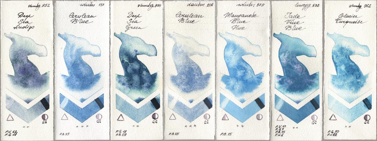 Shminke Horadam Aquarell 952 Deep Sea Indigo, Winsor & Newton Professional 137 Cerulean Blue, 954 Deep Sea Green, Daniel Smith 206 Cerulean Blue, 379 Manganese Blue Hue, Holbein Artists Watercolor 532 Jade Vine Blue, 962 Glacier Turquoi watercolor swatch