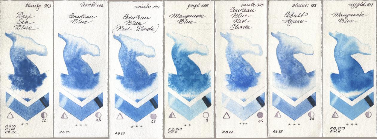 Shminke Horadam Aquarell 953 Deep Sea Blue, Holbein Artists Watercolor 092 Cerulean Blue, Winsor & Newton Professional 140 Cerulean Blue (Red Shade), Golden QOR 355 Manganese Blue, Sennelier l Aquarelle 305 Cerulean Blue Red Shade, 483 Cobalt Azure, Mijello Mission Gold 548 Manganese Bl watercolor swatch
