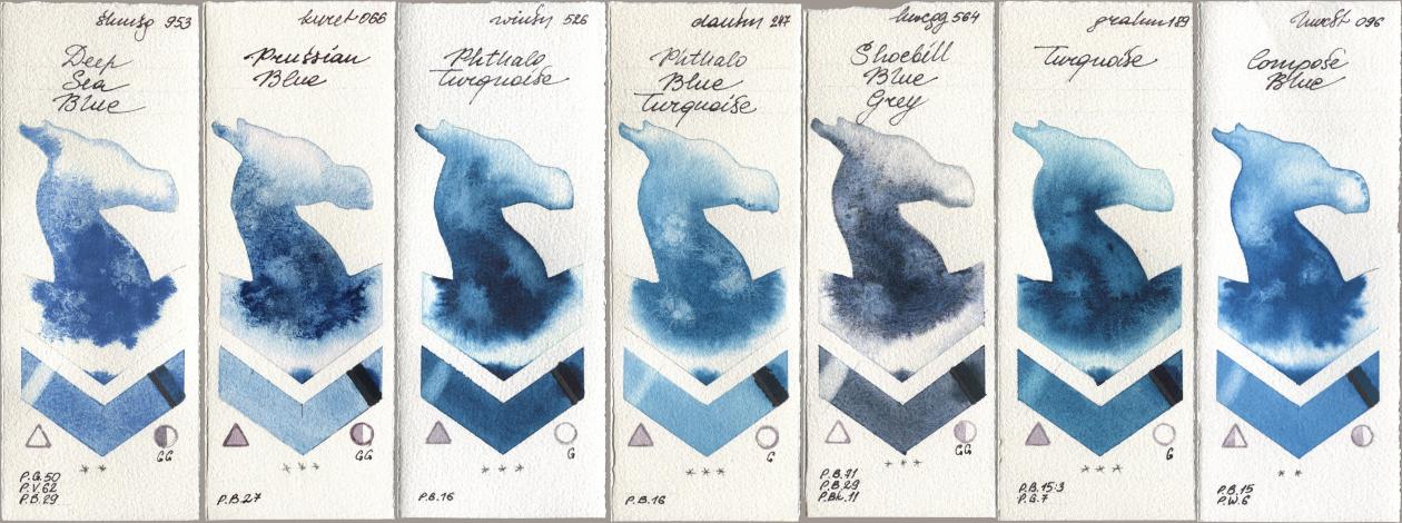 Shminke Horadam Aquarell 953 Deep Sea Blue, Kuretake Gansai Tambi 066 Prussian Blue, Winsor & Newton Professional 526 Phthalo Turquoise, Daniel Smith 247 Phthalo Blue Turquoise, Holbein Artists Watercolor 564 Shoebill Blue Grey, M. Graham & Co. Artists 189 Turquoise, 096 Compose Bl watercolor swatch