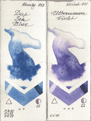 Shminke Horadam Aquarell 953 Deep Sea Blue, Shinhan PWC 641 Ultramarine Viol watercolor swatch
