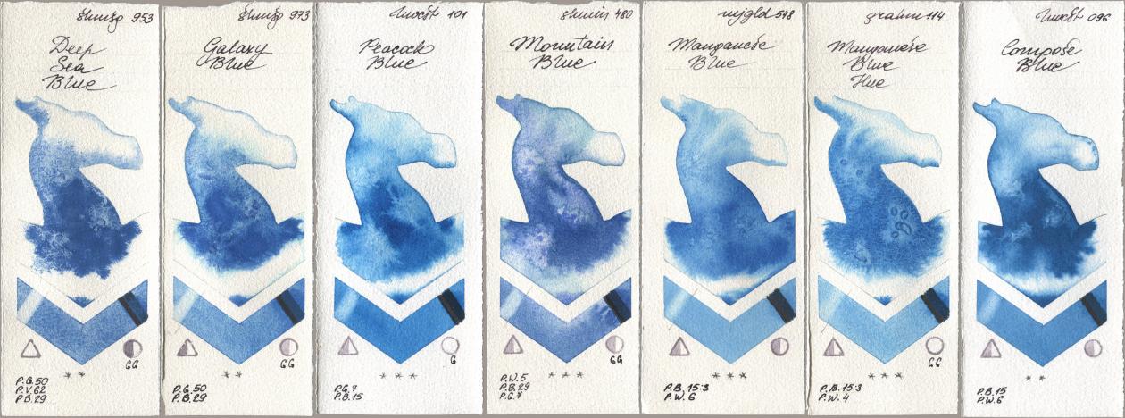 Shminke Horadam Aquarell 953 Deep Sea Blue, 973 Galaxy Blue, Holbein Artists Watercolor 101 Peacock Blue, 480 Mountain Blue, Mijello Mission Gold 548 Manganese Blue, M. Graham & Co. Artists 114 Manganese Blue Hue, 096 Compose Bl watercolor swatch