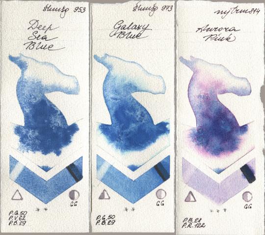 Shminke Horadam Aquarell 953 Deep Sea Blue, 973 Galaxy Blue, Mijello Mission Gold 814 Aurora Pi watercolor swatch