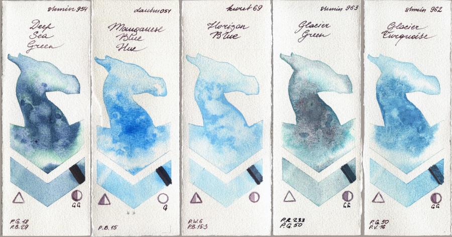 Shminke Horadam Aquarell 954 Deep Sea Green vs Daniel Smith 051 Manganese Blue Hue vs Kuretake Gansai Tambi 69 Horizon Blue vs 963 Glacier Green vs 962 Glacier Turquoise watercolor swatch