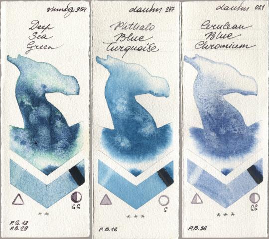 Shminke Horadam Aquarell 954 Deep Sea Green, Daniel Smith 247 Phthalo Blue Turquoise, 021 Cerulean Blue Chromi watercolor swatch