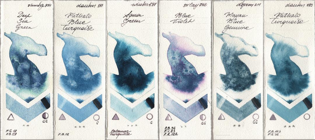 Shminke Horadam Aquarell 954 Deep Sea Green, Daniel Smith 247 Phthalo Blue Turquoise, Winsor & Newton Professional 697 Aqua Green, SuperVision 742 Blue Violet, 211 Mayan Blue Genuine, 080 Phthalo Turquoi watercolor swatch