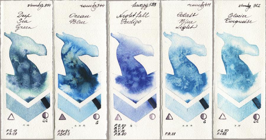 Shminke Horadam Aquarell 954 Deep Sea Green vs Roman Szmal Aquarius 344 Ocean Blue vs Holbein Artists Watercolor 533 Nightfall Indigo vs 411 Cobalt Blue Light vs 962 Glacier Turquoise watercolor swatch