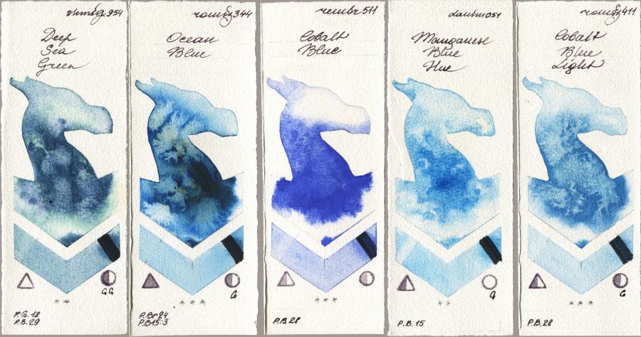 Shminke Horadam Aquarell 954 Deep Sea Green vs Roman Szmal Aquarius 344 Ocean Blue vs Royal Talens Rembrandt Watercolour 511 Cobalt Blue vs Daniel Smith 051 Manganese Blue Hue vs 411 Cobalt Blue Light watercolor swatch