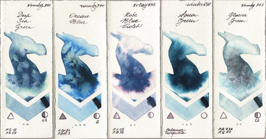 Shminke Horadam Aquarell 954 Deep Sea Green vs Roman Szmal Aquarius 344 Ocean Blue vs SuperVision 736 Rose Blue Violet vs Winsor & Newton Professional 697 Aqua Green vs 963 Glacier Green watercolor swatch